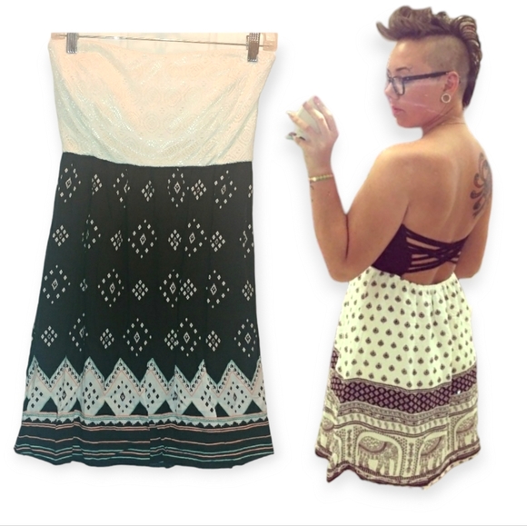 Empyre Dresses & Skirts - SFS • NWT •  Empyre • White Aztec Print Strapless Srrappy Back Dress Large Black